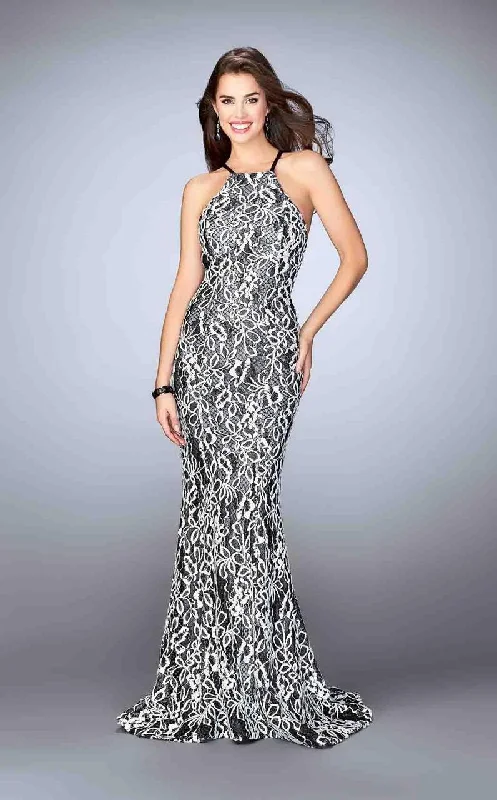 Fashion-Forward Women's Clothing La Femme - 23848 Refined Contrast Lace Halter Long Evening Gown