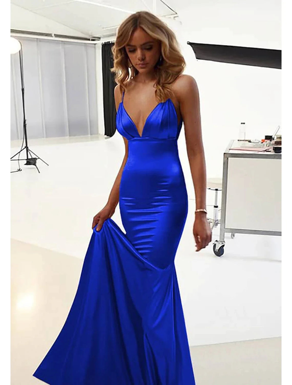 Women's Vintage Garments Mermaid / Trumpet Wedding Guest Dresses Sexy Dress Prom Floor Length Sleeveless Spaghetti Strap Cotton Backless with Ruched