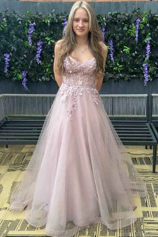 Women's Outerwear Apparel A-Line Strapless V-Neck 3D Floral Sleeveless Tulle Pink Long Prom Dress