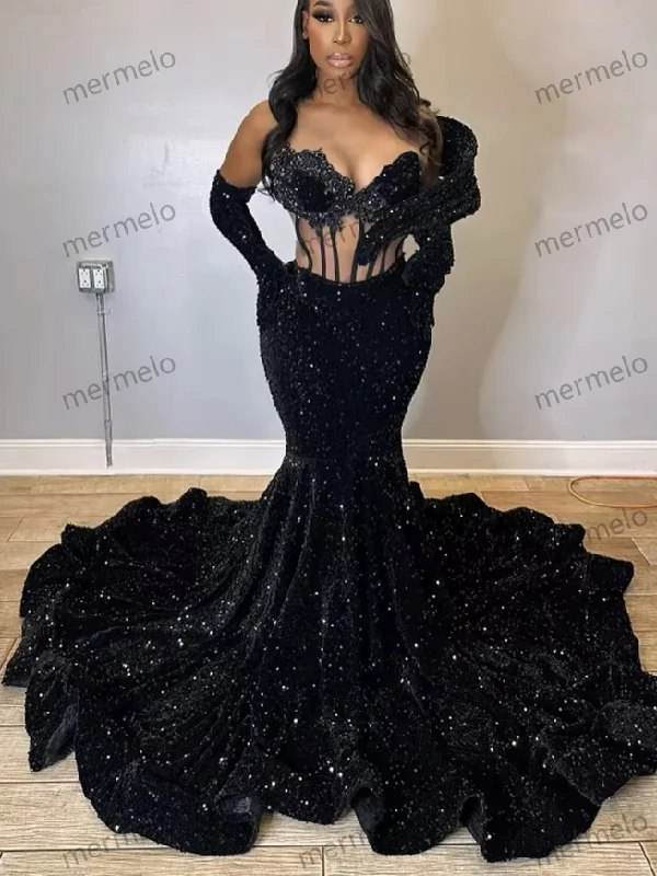 Women's Activewear Garments Sexy Black Sequin Mermaid Long Prom Dresses With Gloves Afican Elegant Dress For Wedding Party Evening Gown