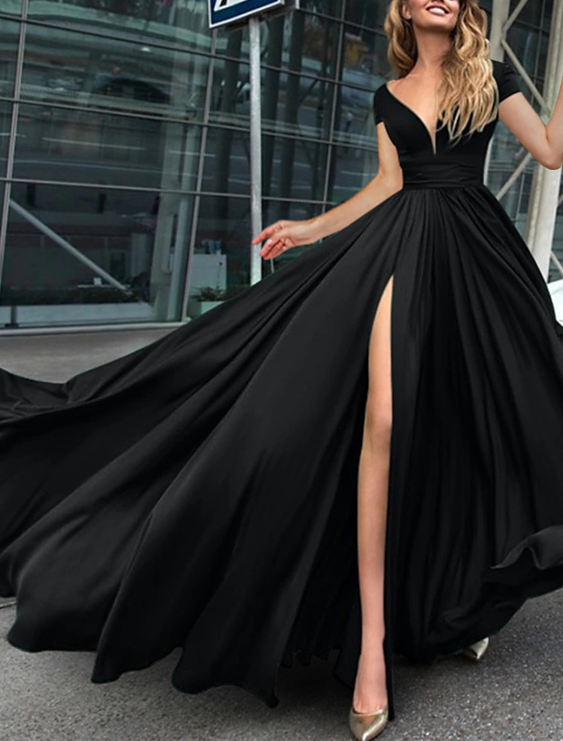 Women's Work Outfit For The Office A-Line Prom Dresses Black Dress Dress Wedding Guest Black Tie Court Train Short Sleeve V Neck Stretch Fabric with Ruched Slit