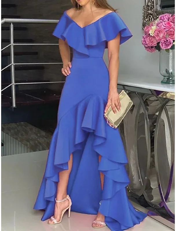 Women's Elegant Formal Outfit A-Line Wedding Guest Dresses Minimalist Dress Wedding Party Semi Formal Asymmetrical Sleeveless V Neck Satin with Ruffles Slit