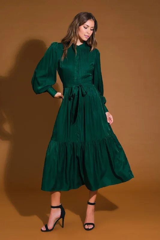 Women's Vacation Attire Prom Dress Featuring Round Neckline Long Sleeve With Cuff Bodice Pleating Detail Self Sash Tie Button Down Ruffled Hemline Formal November December Autumn Winter Wedding Guest Dress