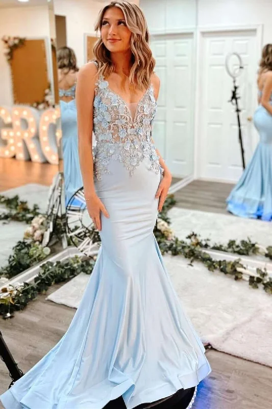 Women's Everyday Clothes Light Blue 3D Floral Lace V-Neck Backless Trumpet Prom Dress