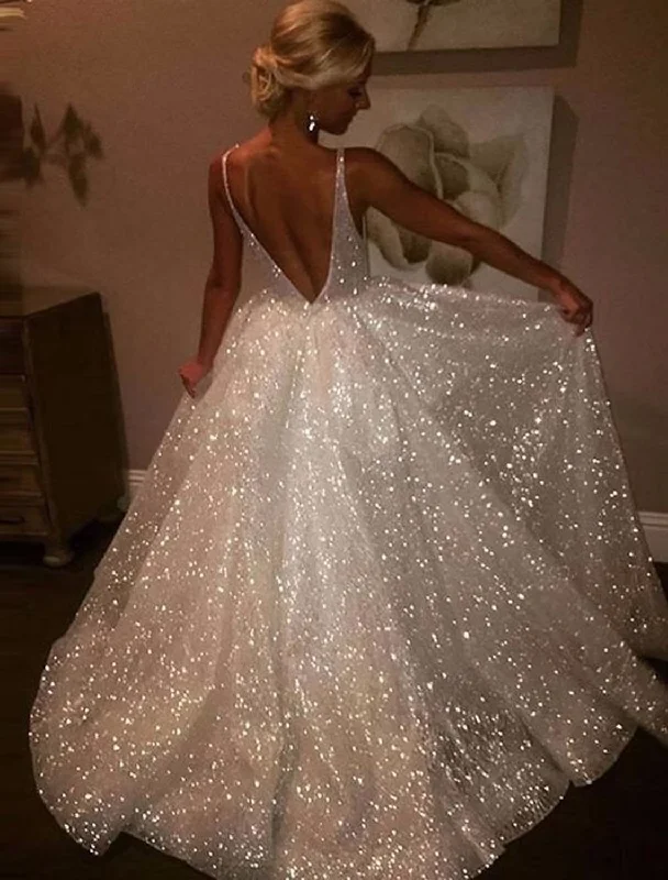 Women's Urban Clothing Ball Gown Prom Dresses Glittering Dress Wedding Party Floor Length Sleeveless V Neck Tulle with Ruched