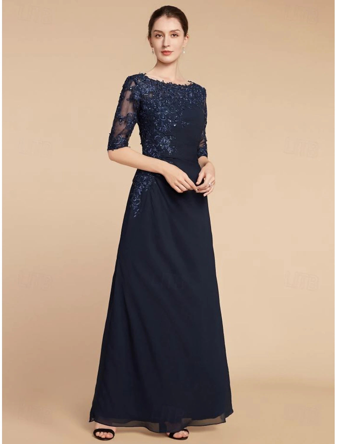 Stylish Outerwear Clothing For Women Wedding Guest Elegant Scoop Neck Ankle Length Chiffon Lace Half Sleeve with Sequin Solid Color Mother of the Bride Dress