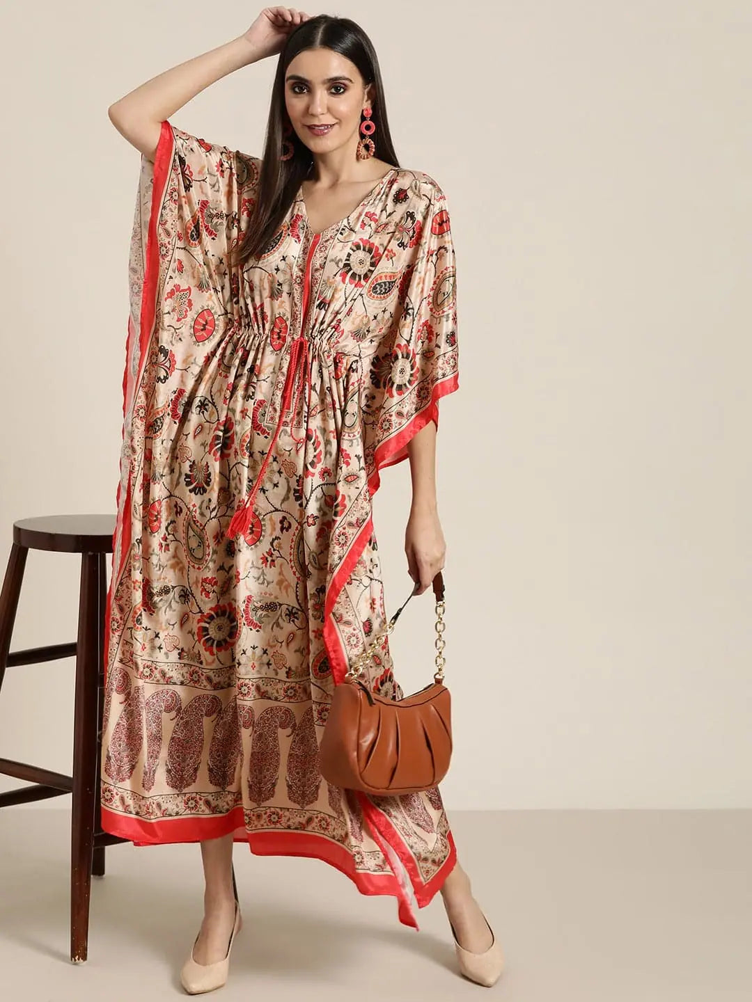 Fashion-Forward Women's Clothing Women Beige & Red Floral Kaftan Dress