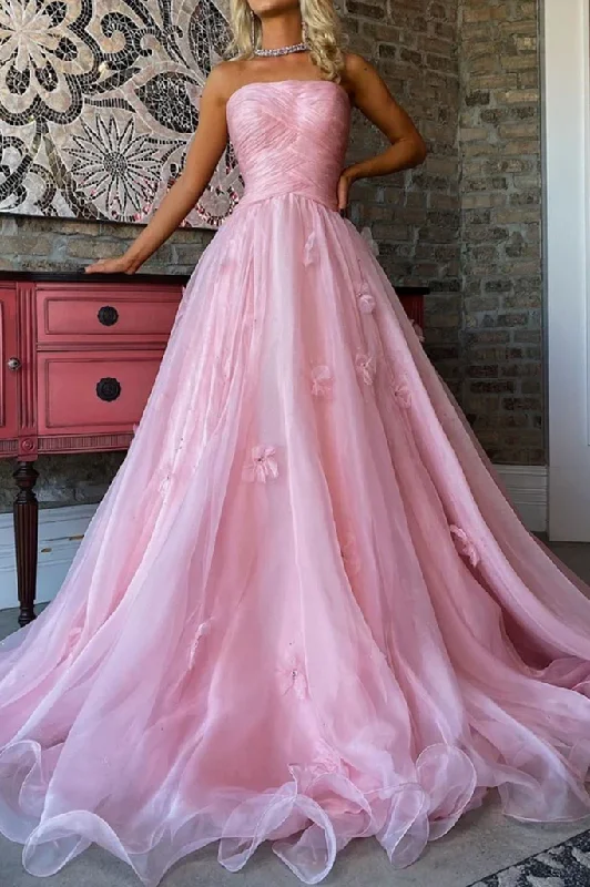 Women's Workout Garments Strapless Pink A-Line Tulle 3D Floral Pleated  Long Formal Prom Dress