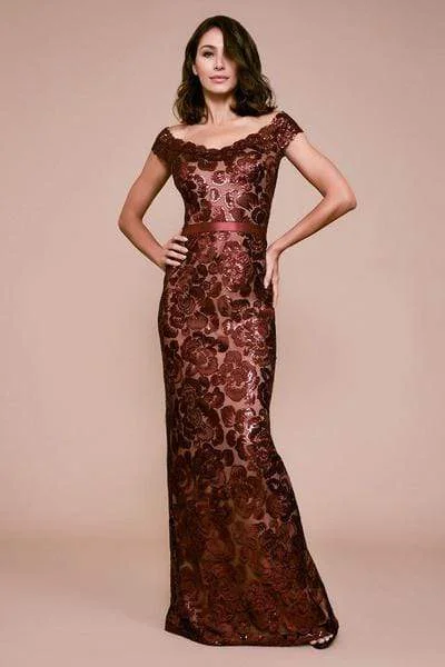 Women's Travel Apparel Tadashi Shoji - Scalloped Off Shoulder Long Sequined Sheath Gown - 1 pc Raisin/Nude In Size 16 Available