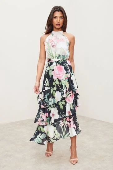 Women's Charming Outfit For Events Floral Printed Tiered Halter Midi Dress