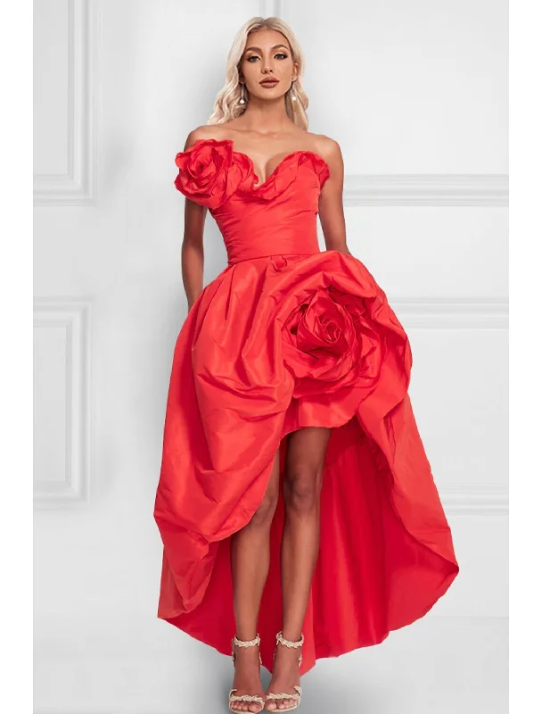 Women's Evening Attire A-Line Cocktail Dress Red Green Dresses Celebrity Style Dress Party Wear Wedding Party Asymmetrical Sleeveless Strapless Satin with Shouder Flower