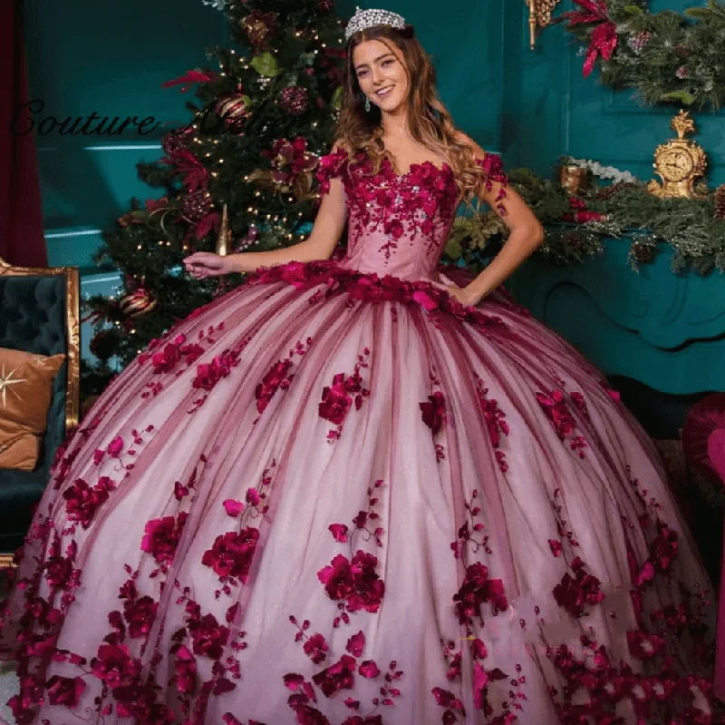 Women's Holiday Clothing Burgundy vestidos de quinceanera 15 16 Dresses 3D floral Birthday Gowns