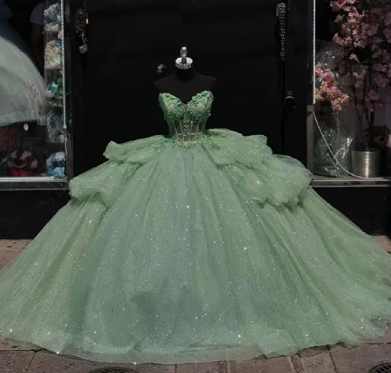 Women's Workout Garments Sage Green Ruffels Shinning Lace Appliques Quinceanera Dresses for Sweet 15 Year Puffy Ball Gown Princess Gowns Wedding Mexican