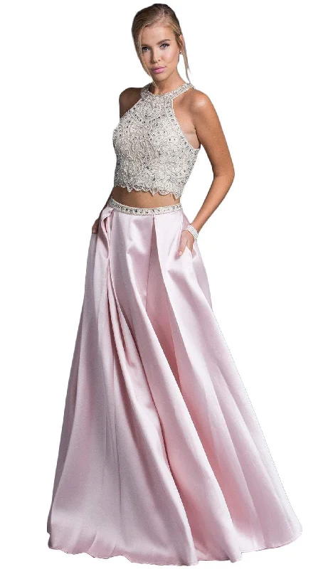 Women's Seasonal Clothes Trevi Collection - Two Piece Bejeweled Halter Prom Gown