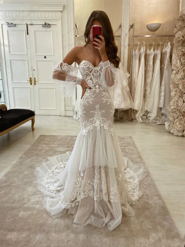 Women's Clothing Outfit Set Charming Mermaid Lace Vintage Fashion Modest Wedding Dresses      S1094