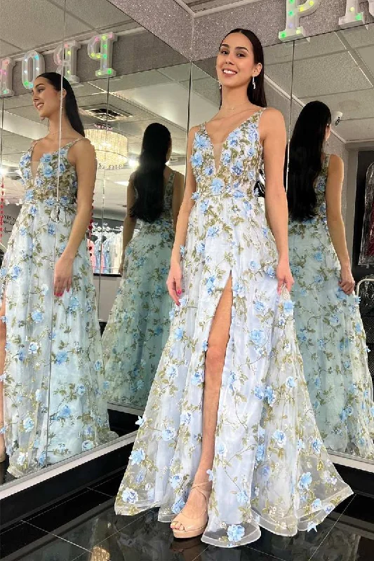 Vintage-Inspired Women's Apparel Light Blue Organza Plunge V A-Line Long Prom Dress with 3D Floral Lace