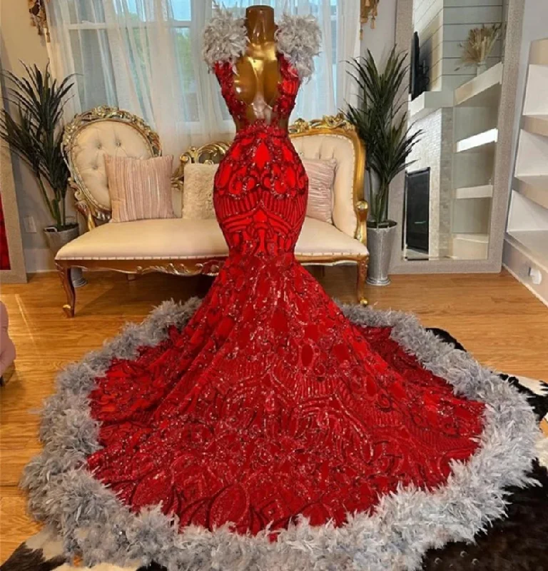 Women's Classic Outfit Luxury Red Sequined Lace Grey Feather Prom Dresses 2024 For Birthday Party Mermaid Black Girls Evening Dresses Wedding vestidos