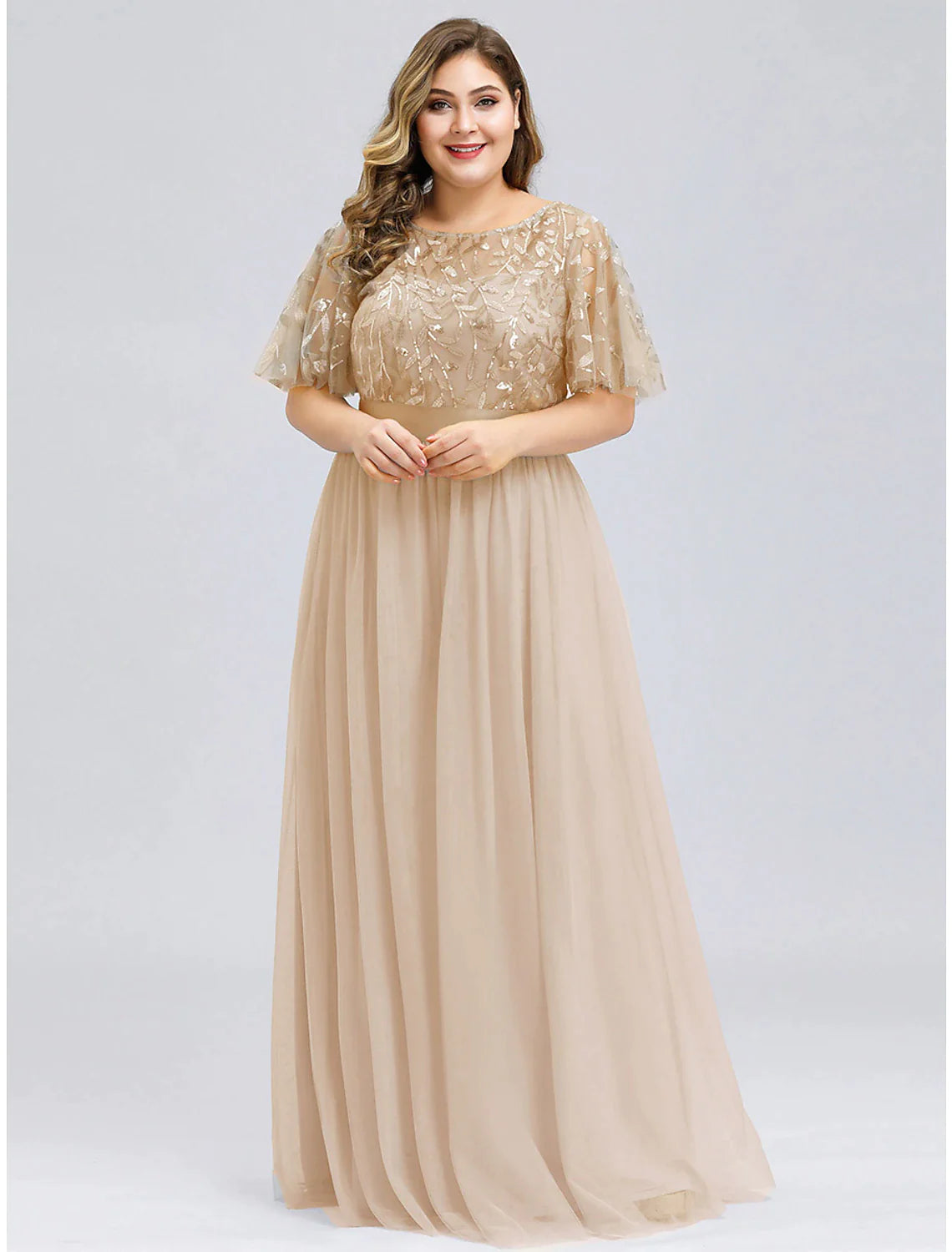 Vintage-Inspired Women's Clothes A-Line Prom Dresses Plus Size Dress Wedding Guest Floor Length Short Sleeve Jewel Neck Chiffon with Appliques