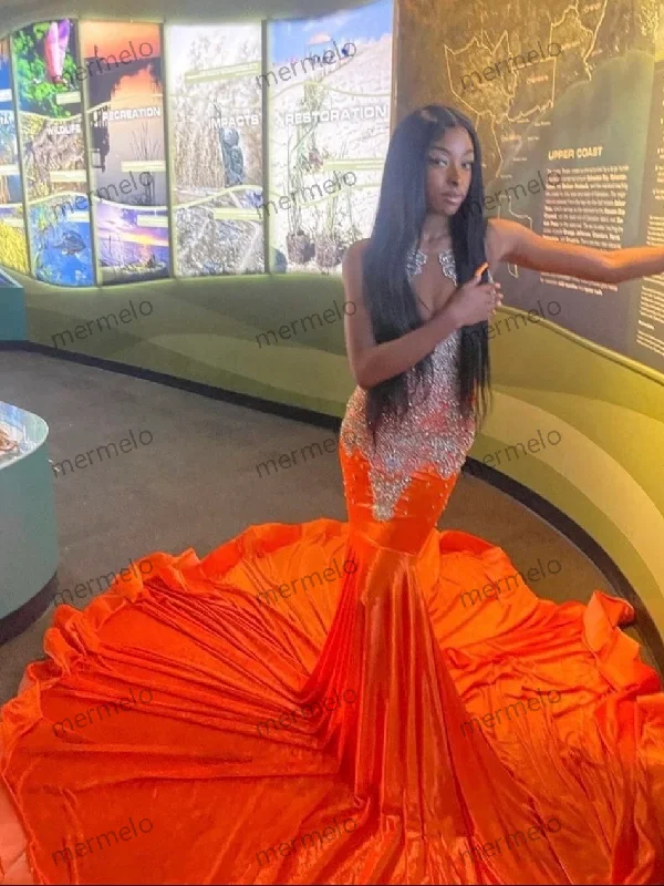 Women's Luxury Attire Orange long prom dress, sequins mermaid dress, wedding dress, party dress ,photo shoot dress, bridal dress