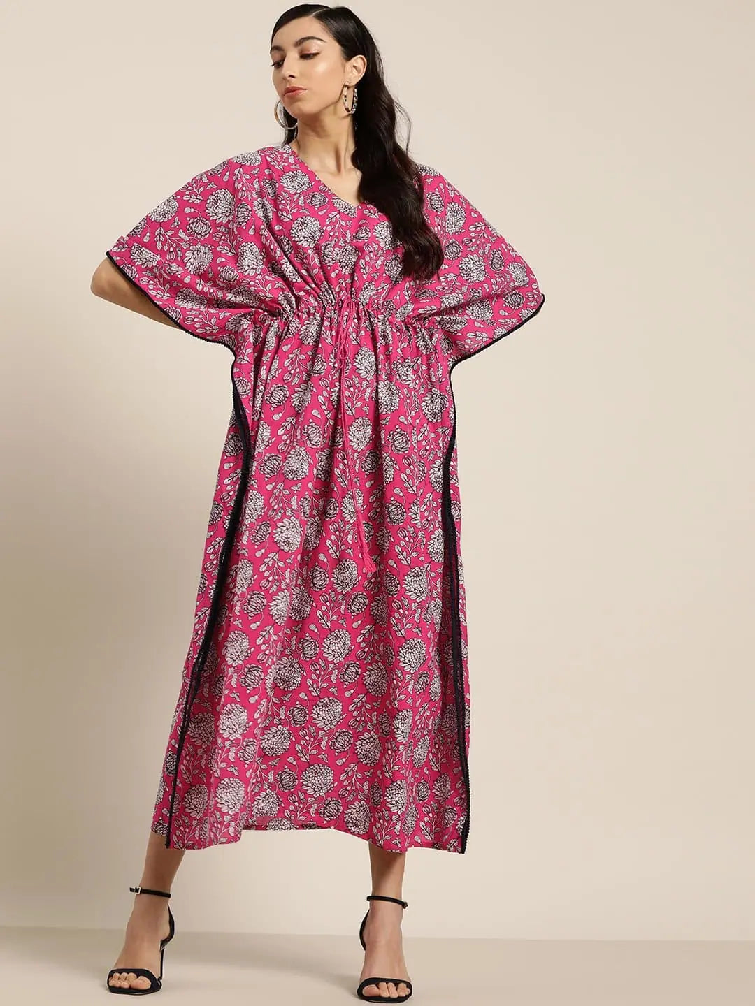 Women's Clothing Sets Fuchsia Floral Channel Drawstring Kaftan Dress