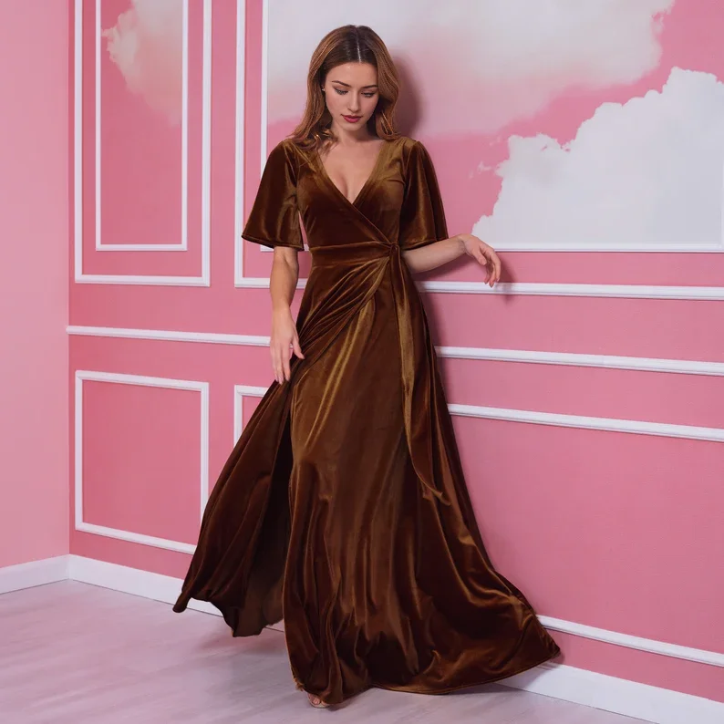 Women's High-Fashion Clothes Evening  Dress Velvet Dress V-neck Flutter Sleeves Long Dress Wrap Over Front Ties Waist Formal Dresses Wedding Guest Dress