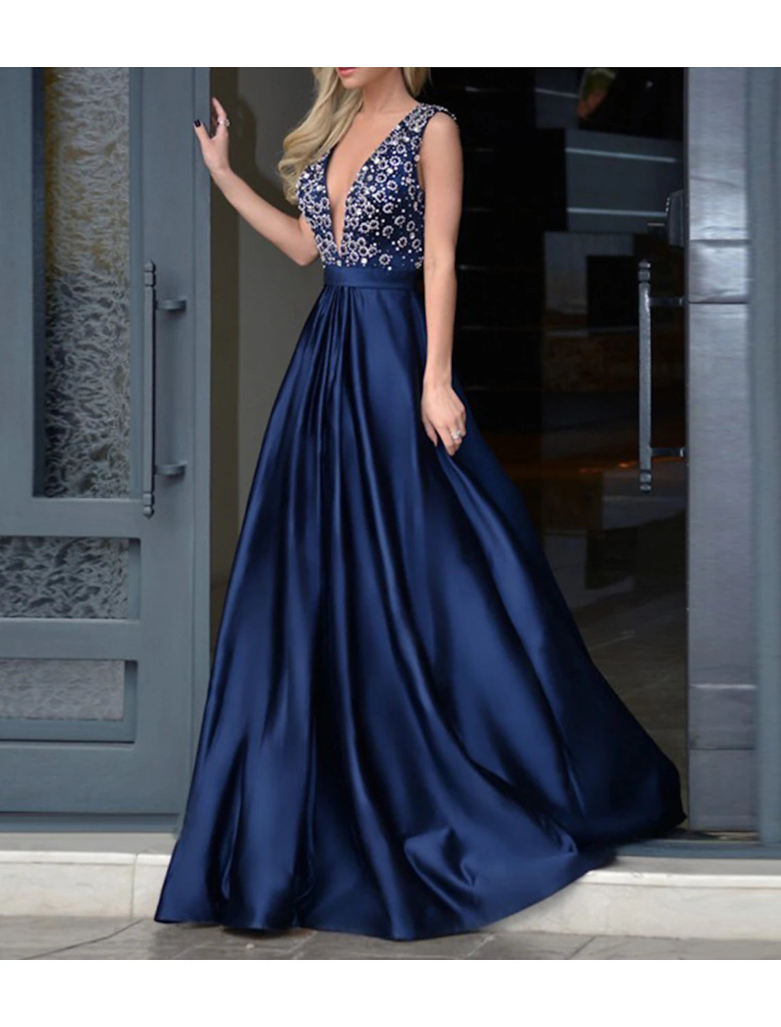 Women's Clothing And Garments Sets A-Line Prom Dresses Sparkle & Shine Dress Wedding Guest Engagement Floor Length Sleeveless V Neck Italy Satin with Pearls Beading Sequin