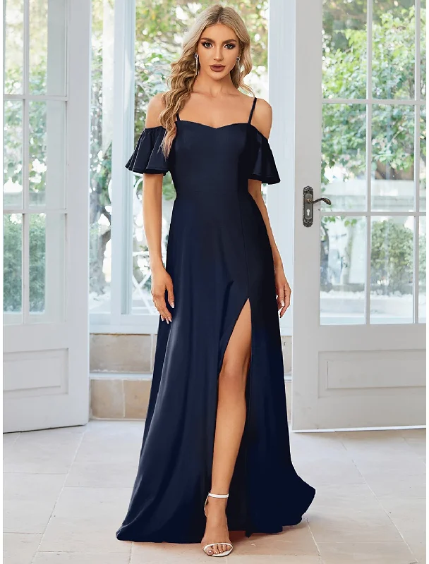 Women's Seasonal Clothes A-Line Wedding Guest Dresses Elegant Dress Formal Floor Length Short Sleeve Off Shoulder Stretch Fabric with Slit