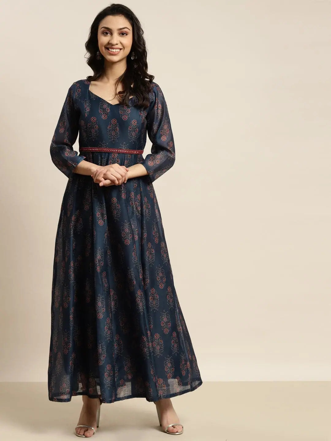 Women's Vacation Outfit Women Navy Chanderi Floral Anarkali Maxi Dress