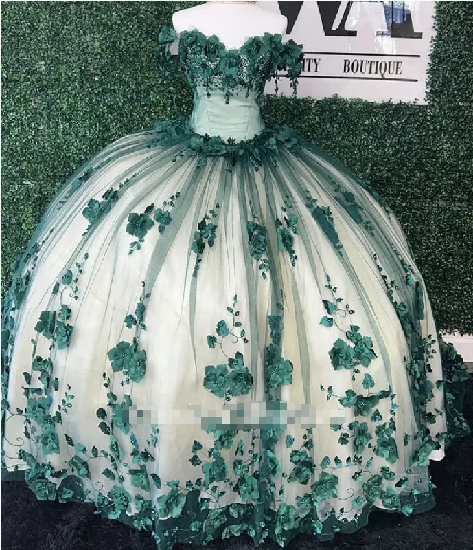 Women's Vintage-Inspired Clothing Princess Ball Gown 2025 Green Quince Dresses Floral Beaded Crystals Off the Shoulder