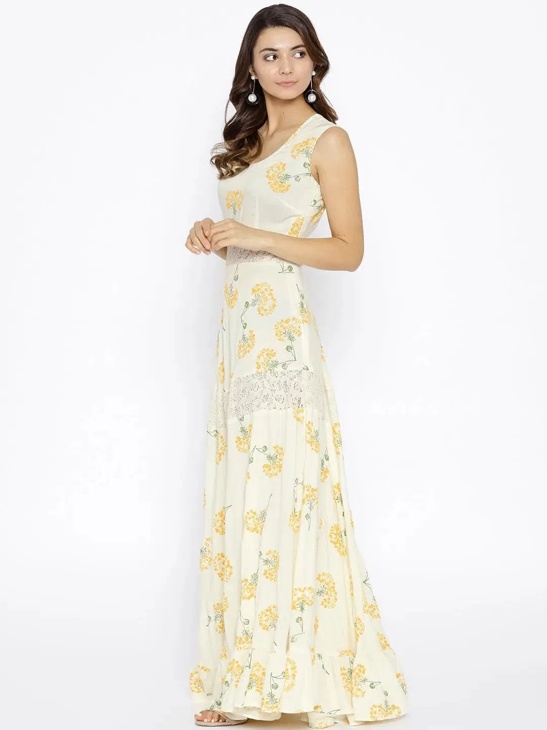 Women's Work Apparel Floral printed maxi dress with lace inserts with Yellow print