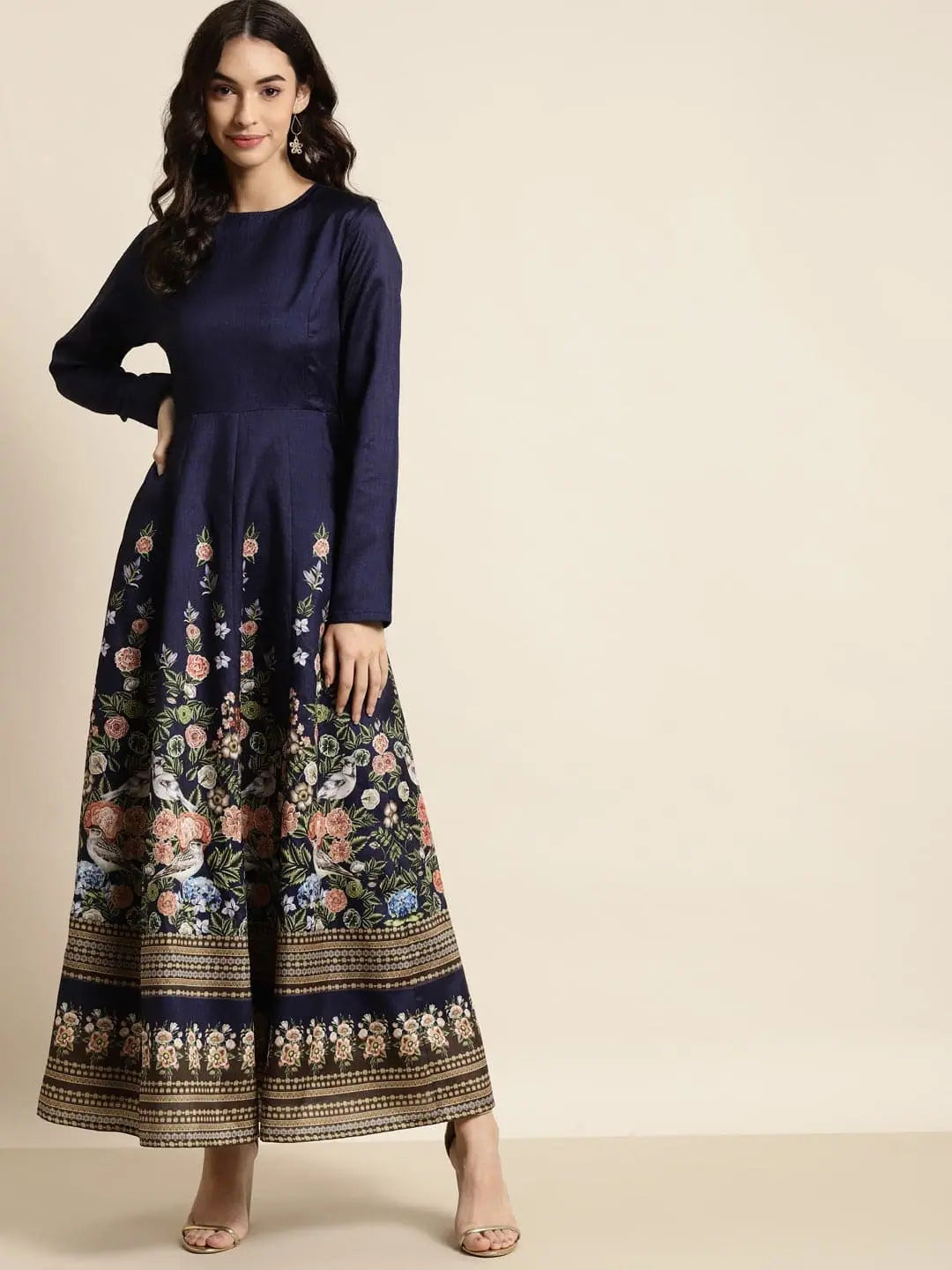 Women's Everyday Clothes Navy Floral Full Sleeves Anarkali Maxi Dress