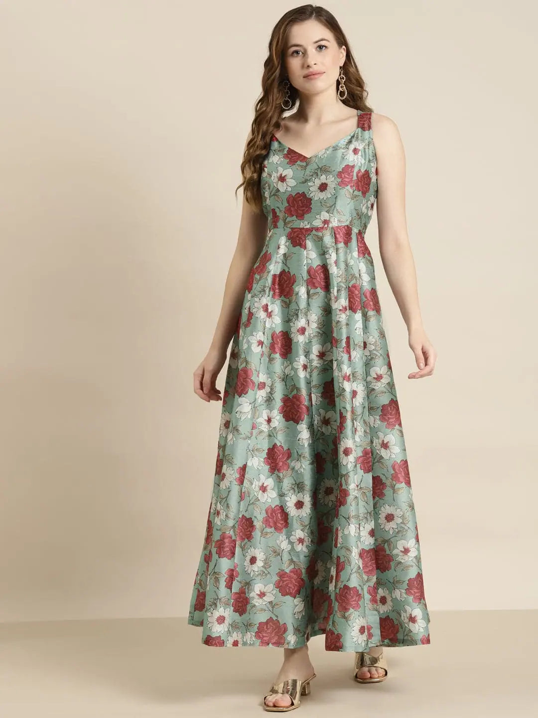 Women's Clothes For The Office Sea Green Floral Sweetheart Anarkali Maxi Dress