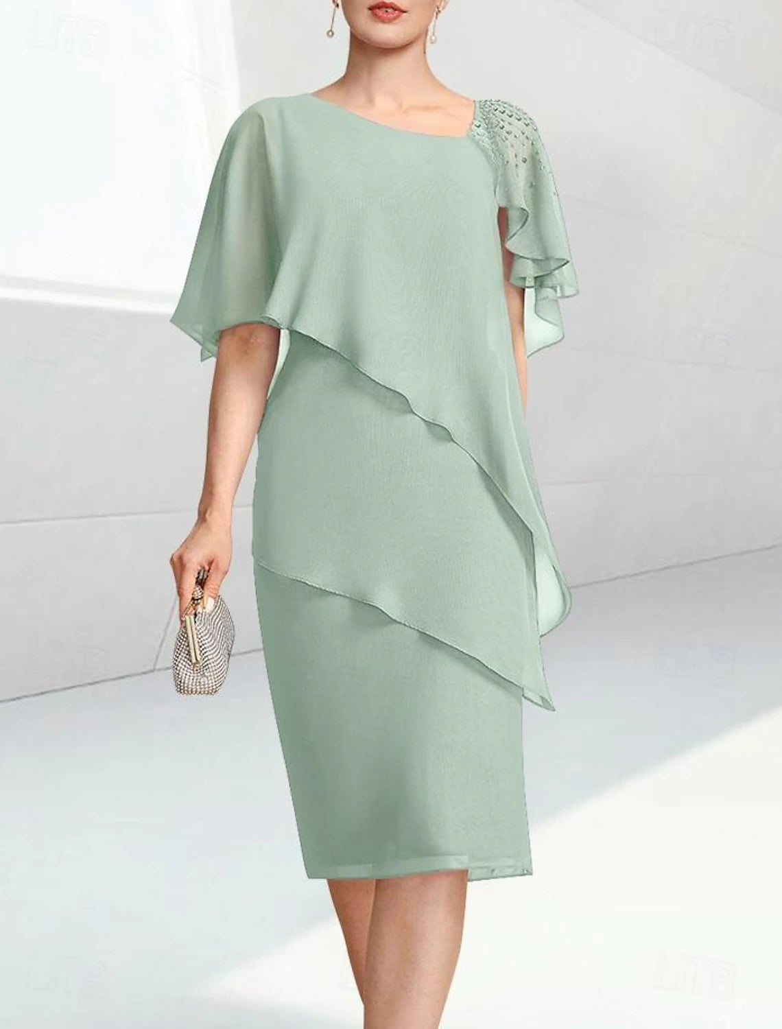 Casual Clothing For Women Column Wedding Guest Dress Elegant Jewel Neck Knee Length Chiffon Half Sleeve with Beading Mother of the Bride Dress