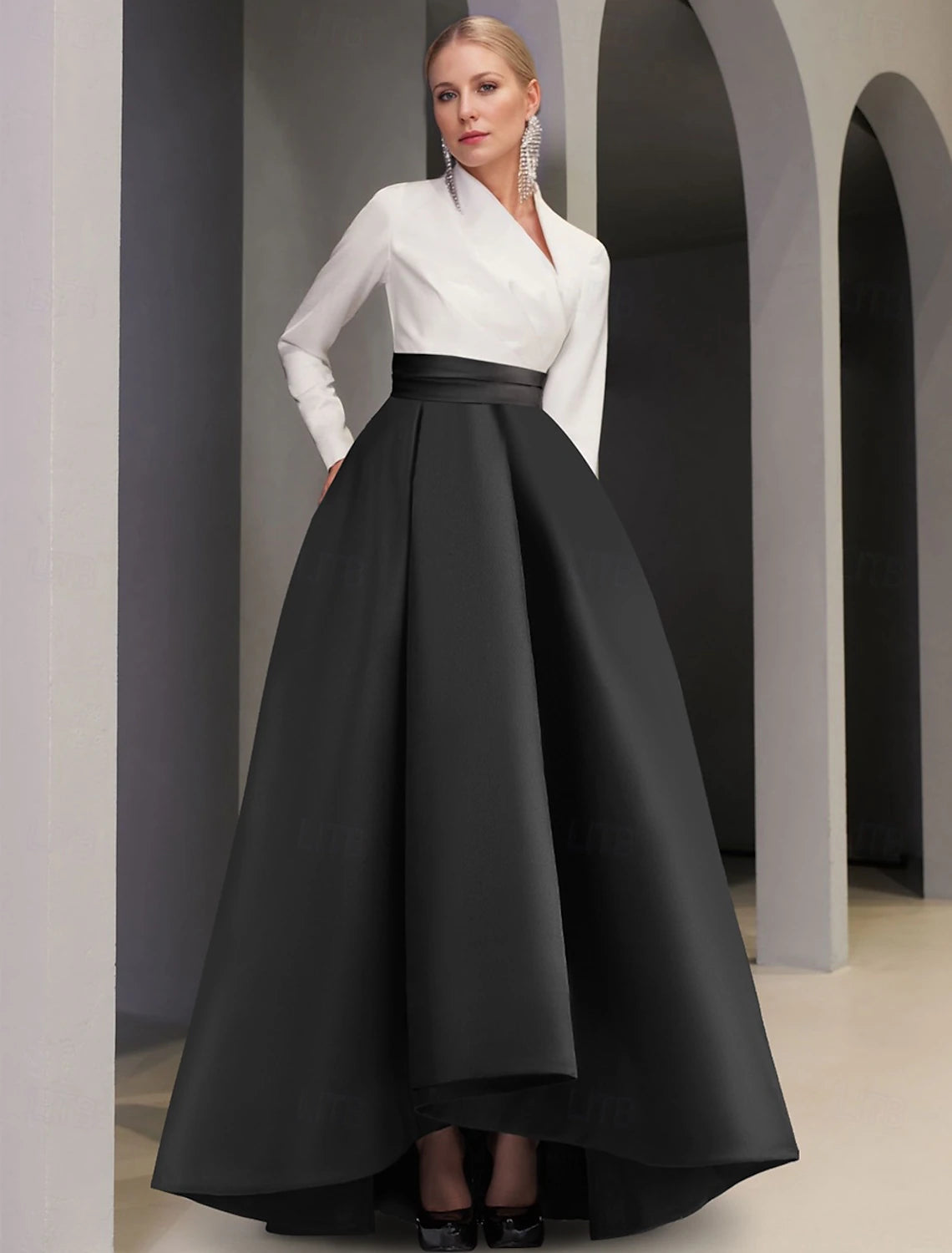 Women's High-End Clothing Evening Dress A-Line Formal Wedding Guest Asymmetrical Long Sleeve V Neck Pocket Satin with Pocket Elegant Fall November December Wedding Guest Dress