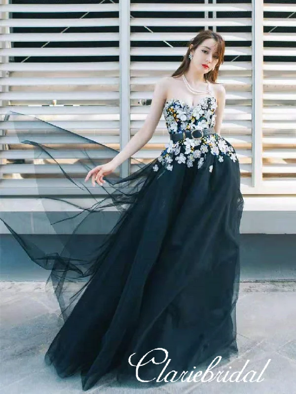 Stylish And Comfortable Clothing For Women Sweetheart Long A-line Black Tulle Floral Prom Dresses, Appliques Prom Dresses, Newest Prom Dresses