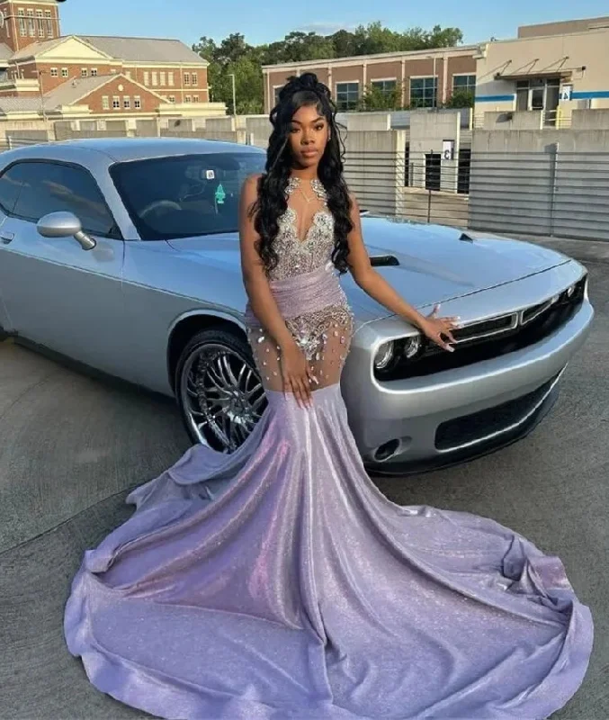 Women's Clothes And Apparel Sets Sparkly Lilac Long Prom Dress 2024 Beads Crystals Rhinestones Court Train Glitter Birthday Party Gown Wedding Reception Robe