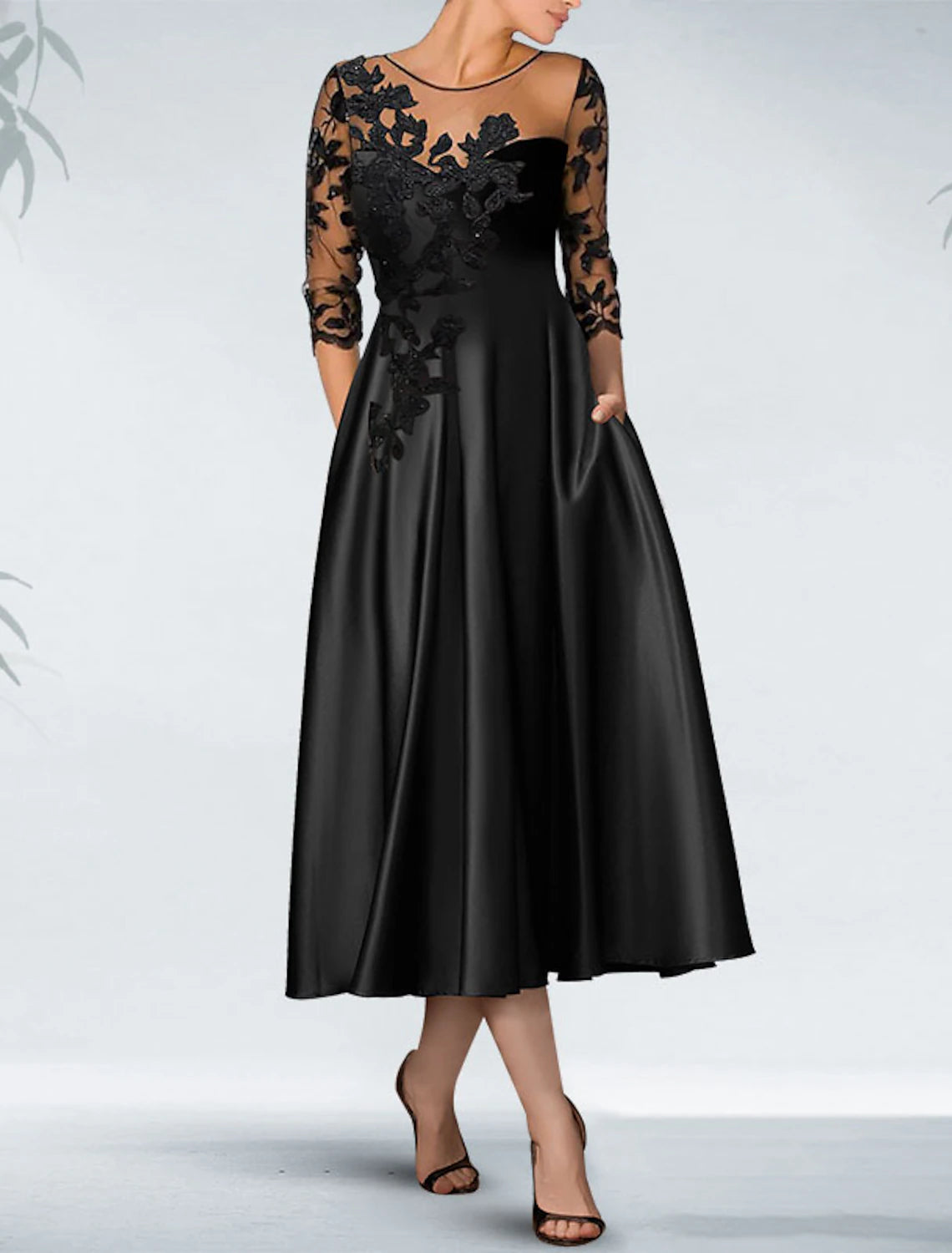 Women's Timeless Attire A-Line Cocktail Black Dress Plus Size Appliques Elegant Dress Fall Wedding Guest Dress For Mother Knee Length 3/4 Length Sleeve Off Shoulder Pocket Satin with Beading Pocket