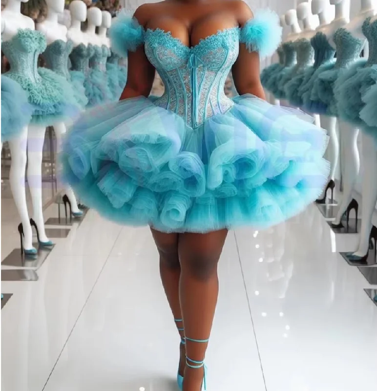 Women's Outfit For The Office Ice Blue Lace Ball Gown Tulle African Prom Dress 2024 Aso Ebi Black Girl Luxury Cute Wedding Dress Birthday Party Formal Gown