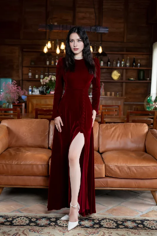 Women's Trendy Clothes Evening Dress Velvet Dress Round Neck Long Sleeve Side Fork Luxurious Formal Dresses Wedding Guest Dress