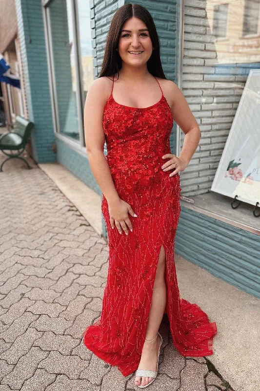 Charming Women's Holiday Apparel Red Floral Lace Scoop Neck Mermaid Long Prom Dress with Slit