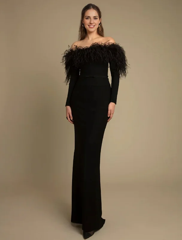 Women's Vintage-Inspired Clothing Evening Dress Mermaid Cultivate oneself Feather Formal Floor Length Long Sleeve Off Shoulder Stretch Crepe Elegant Fall November December Wedding Guest Dress