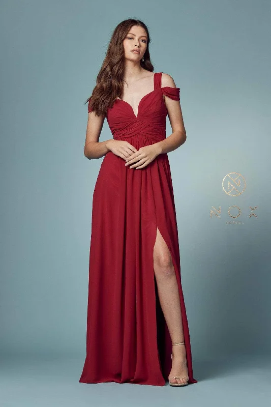 Women's Trendy Outfit Nox Anabel - Y277P Cold Shoulder V Neckline A-Line High Slit Gown