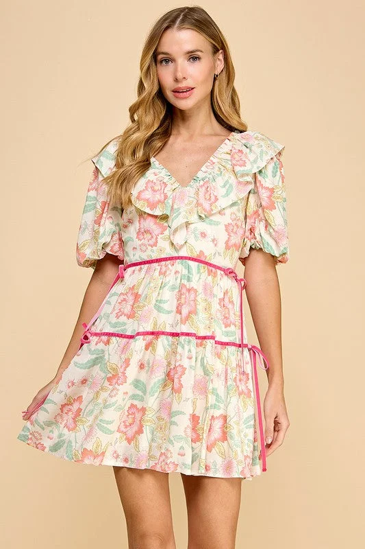 Formal Outfit For Women Floral Print V Neck Ruffle Detail Dress