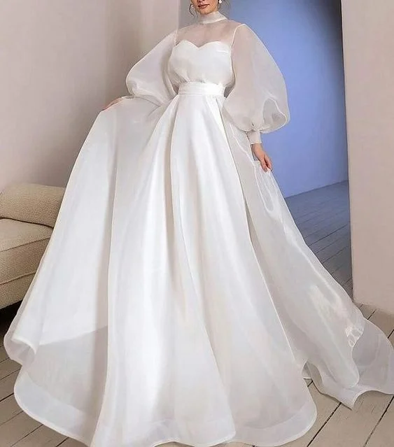 Women's Athletic Garments Halter Neck Organza Wedding Dresses Puff Sleeve Bride Gown Floor Length Wedding Gown      S2589