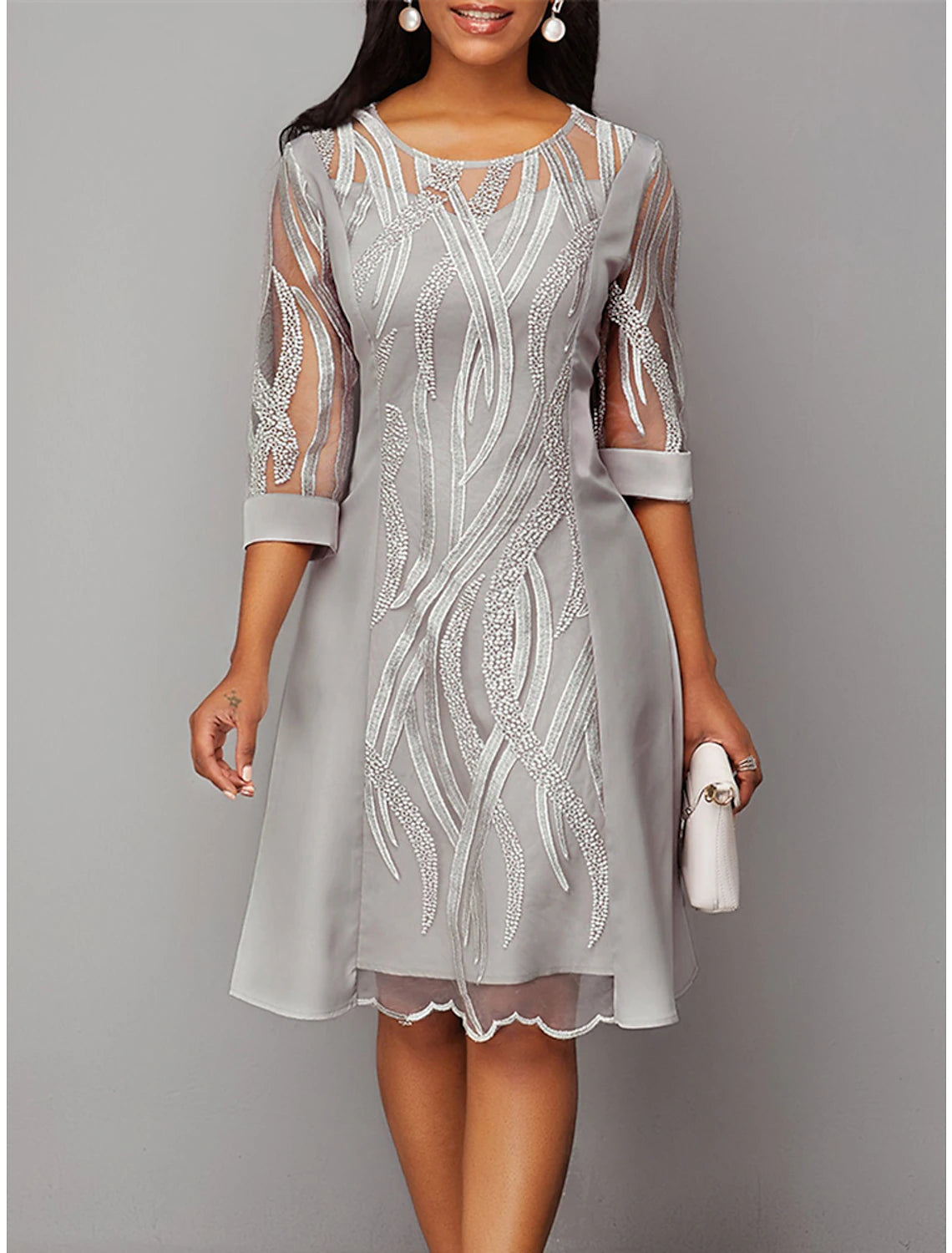 Fashion-Forward Women's Clothing Women's Party Dress Lace Dress Homecoming Dress Midi Dress Gray 3/4 Length Sleeve Pure Color Lace Fall Winter Autumn Crew Neck Winter Dress Wedding Guest