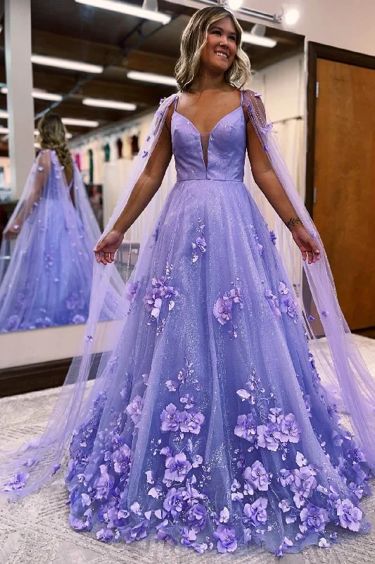 Charming Women's Clothes For Special Events Lavender 3D Floral Lace A-Line Prom Dress with Cape Sleeves