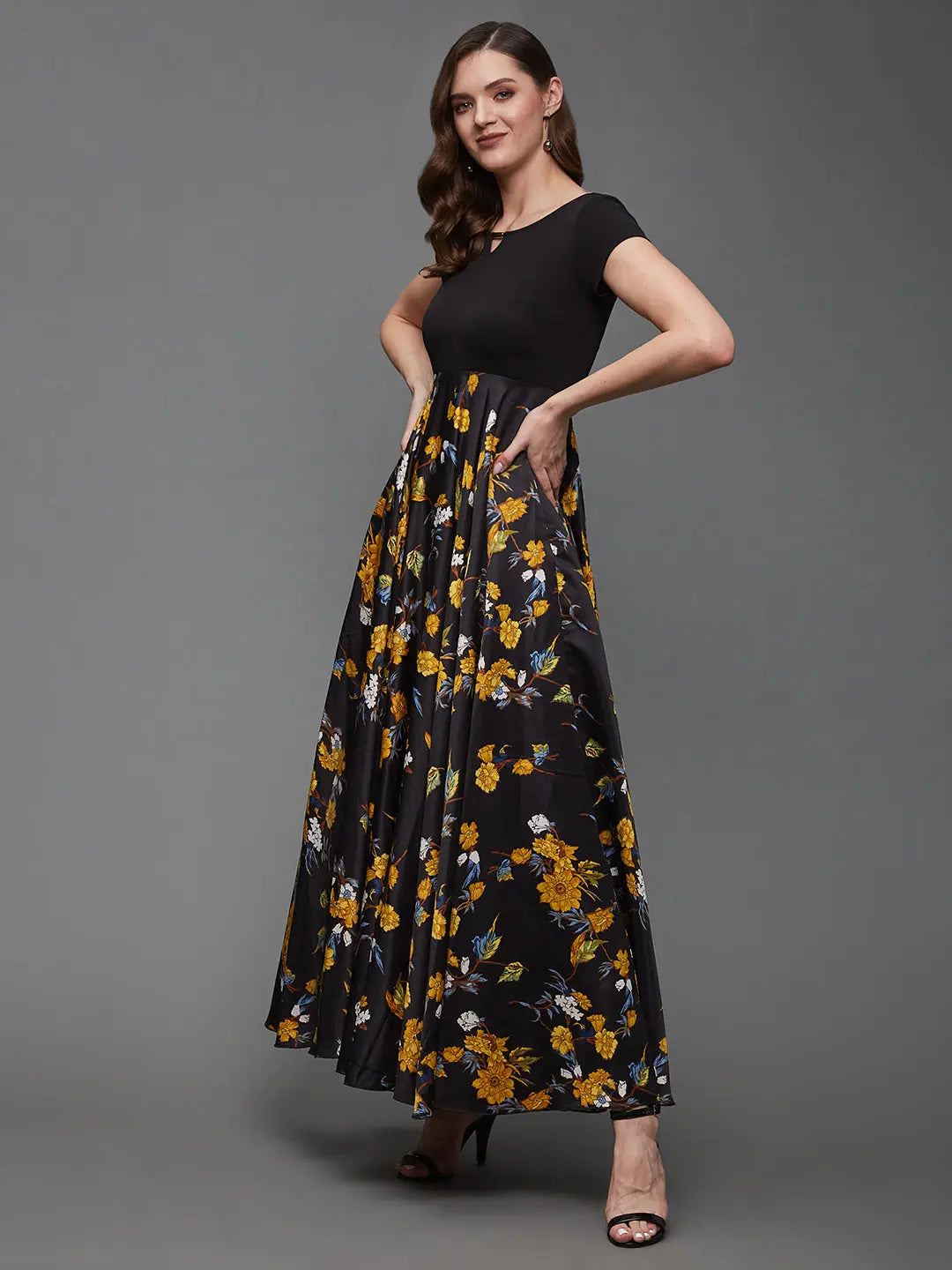 Casual Clothing For Women Spring Blossom Floral Printed Maxi Dress Multicolored-Base-Black