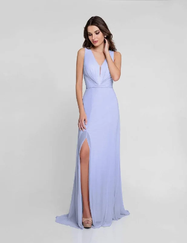 Affordable Women's Attire Terani Couture - 1812B5427 Sleeveless Gathered V-Neck High Slit Gown