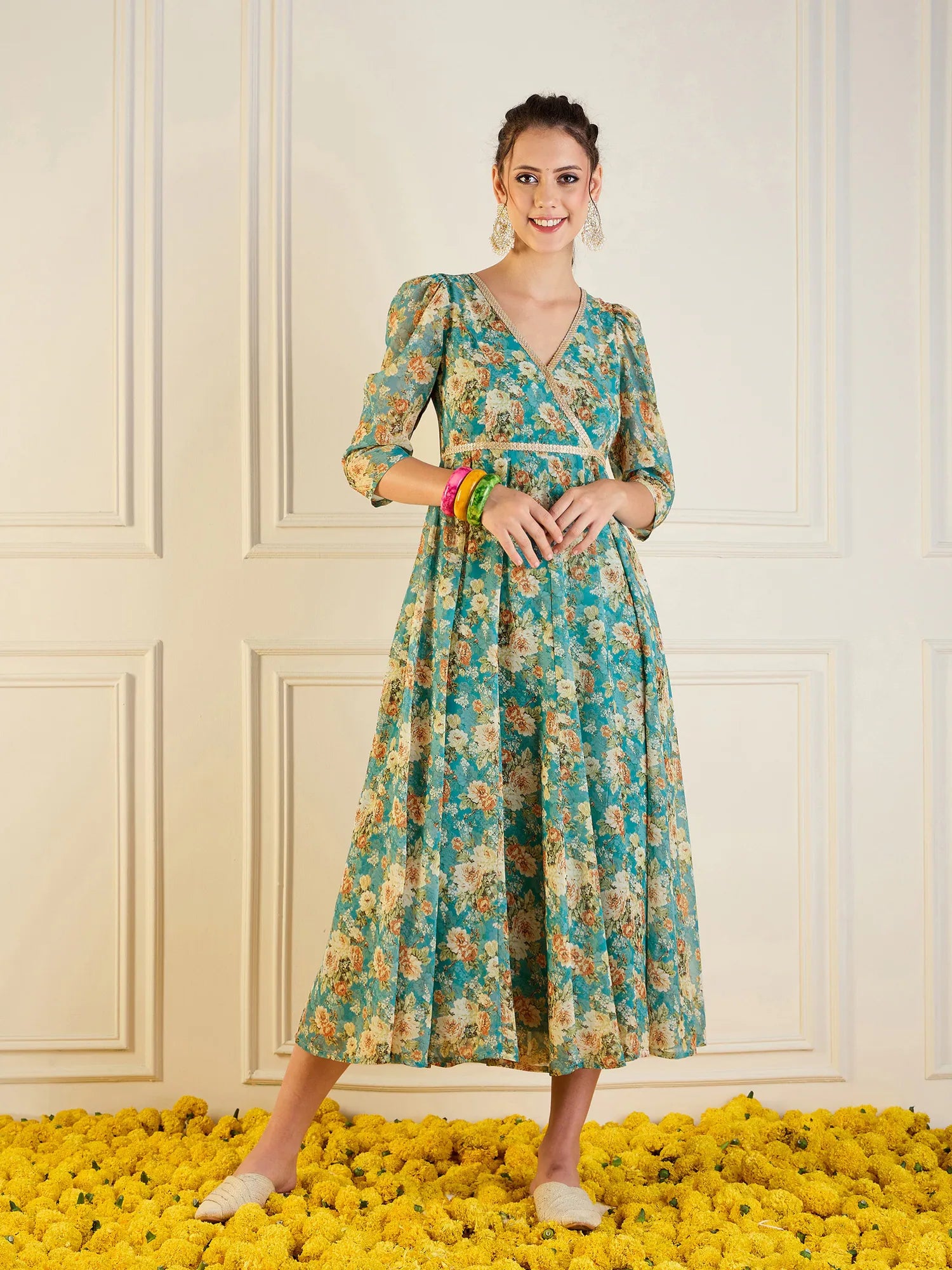 Casual Chic Women's Clothes Women Turquoise Blue Floral Anarkali Maxi Dress-SHDRS12275