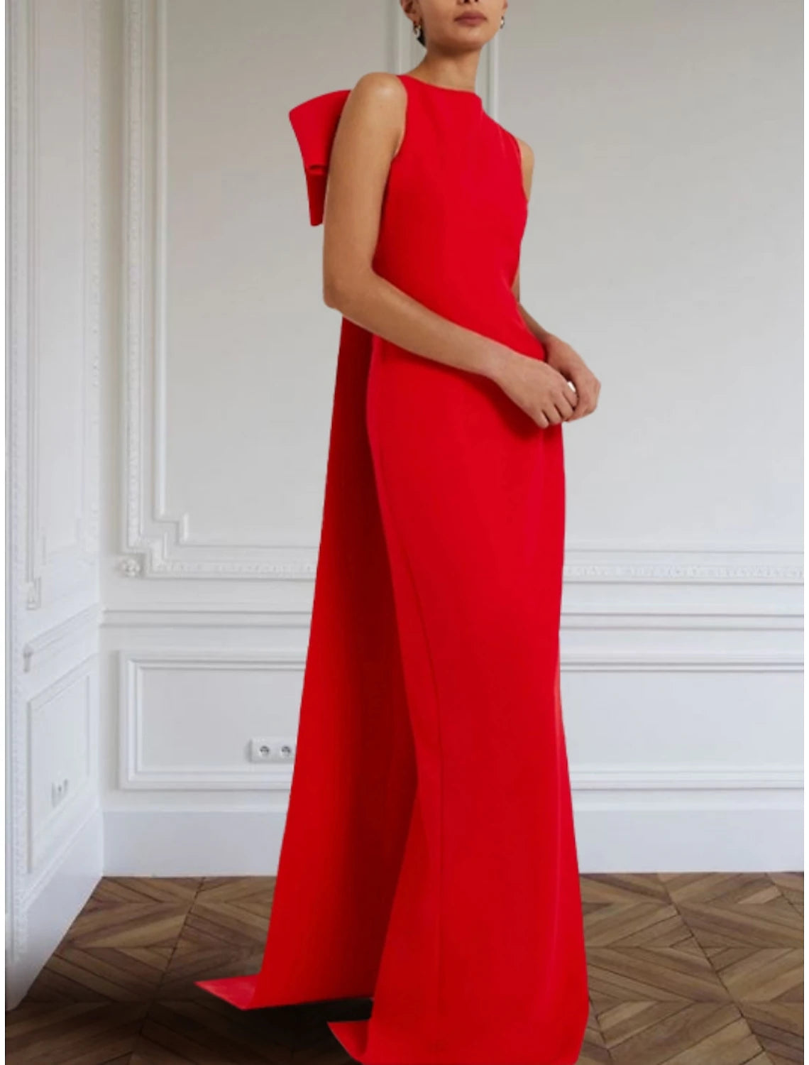 Women's Holiday Clothing Wedding Guest Dress Sleeveless Elegant Dress Bow Tie Dress Formal Floor Length Jewel Neck Stretch Fabric Evening Dresses